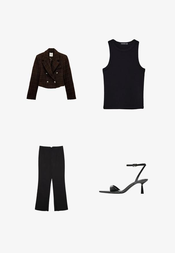 Brun tweed cropped dobbeltknapjakke med reverskrave, sølvknapper og en tekstureret overflade. Foret inderside i en ensfarvet farve.; Sort tank top lavet af bomuld, med rund halsudskæring og brede armhuller. Glat tekstur med syede kanter. Klassisk, minimalistisk design.; Sorte bukser med lige pasform, der har frontlommer og slidser i kanten. Lavet af blødt, glat stof. Velegnet til forskellige anledninger.; Bershka Højhælede sandaletter / Højhælede sandaler - black
