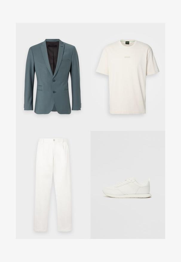 Blazer em azul água com lapela com recorte, fecho de dupla botão, duas pockets frontais e um bolso no peito. Textura suave e corte ajustado.; BOSS TEE - T-shirt básica - open white; Calças brancas feitas de um tecido suave, com um design de perna reta, pregas frontais e um fecho de botão único na cintura.; Sapatilha branca com parte superior em malha e sintético, bico arredondado, atacadores planos e uma faixa lateral texturizada. Sola em borracha com uma alça na parte de trás.