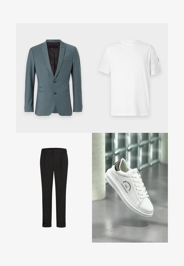 Gaiši tirkīza bleizeris ar ieliektu atloku, divu pogu aizdari, divām priekšējām kabatām un vienu krūšu kabatu. Gluda tekstūra un pielāgota forma.; Balts kokvilnas T-krekls ar īsām piedurknēm un apaļu kakla izgriezumu. Tam ir mazs melns logo uz kreisās piedurknes. Gluda tekstūra, standarta piegāde.; Melni bikses ar elastīgu jostu, ar taisna piegriezuma dizainu un sarullētām piedurknēm. Izgatavotas no gluda, auduma bez rakstiem.; Baltas ādas sporta apavi ar melniem aizsargiem uz papēža, teksturēta auduma, plakaniem šņorēm un iegrieztu logotipu detaļām sānos. Noapaļots purngals un mīksts zole.