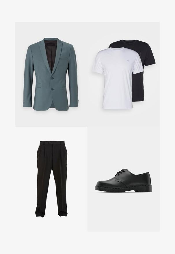 Hellblauer Blazer mit Reverskragen, Doppelknopfverschluss, zwei Vordertaschen und einer Brusttasche. Glatte Textur und taillierte Passform.; Zwei Baumwoll-T-Shirts in Weiß und Schwarz, kurzärmlig mit Rundhalsausschnitt, mit einem kleinen Logo auf der Brust, glatte Textur.; Schwarze Hose aus glattem Stoff mit Frontfalten, einem Knopfbund und schmal zulaufenden Knöchelbündchen. Klassische, taillierte Silhouette.; Schwarze Leder-Oxford-Schuhe mit Schnürdesign, runder Zehenform, flacher Gummisohle und subtilen Nähten entlang des oberen Teils.