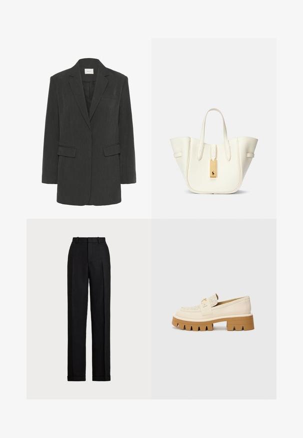Tumehall anootega blazeri, millel on narmastikud klapid, kaks klapiga taskut, rinna tasku ja must sisetald.; Must must sõrmikuvahega riidest. Pikkade varrukatega, kehaehitusele lähedal disain ja veidi lõdvem äär, ilma nähtavate mustrite või detailideta.; Must mustrandid, kõrge vöökohaga linane püks. Omab sirget säärejoont, pressitud voldid ja ääre kujundust. Ei nähtavaid taskuid ega kinnitusi.; Beežid mokasiinid tekstuurse kreemja rihmaga, millel on jäme pruun tald hammaste sarnaste mustritega. Kuldne aktsent klambri detailil.; Valge nahast ostukott, millel on struktureeritud kuju, silmapaistvad õmblused, kuldne metallist silt ja kaks käepidet. Tekstuuriga pind ja külgpockets.