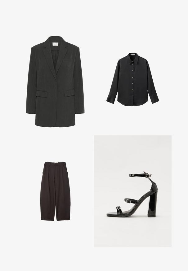 Dunkelgrauer, einreihiger Blazer mit Reverskragen, zwei aufgesetzten Taschen, einer Brusttasche und einem schwarzen Innenfutter.; Schwarz langärmliges Hemd aus glattem Stoff, mit klassischem Kragen, frontaler Knopfleiste mit goldfarbenen Knöpfen und breiten Manschetten.; Schwarze weit geschnittene Hosen aus einem glatten Stoff, mit hoher Taille, Frontfalten und Seitentaschen. Schlichtes Design ohne Verzierungen.; Schwarze patentierte Sandalen mit Absatz, quadratischer Spitze, Knöchelriemen und silbernen Schnallen. Mit einem stabilen Blockabsatz für mehr Stabilität.