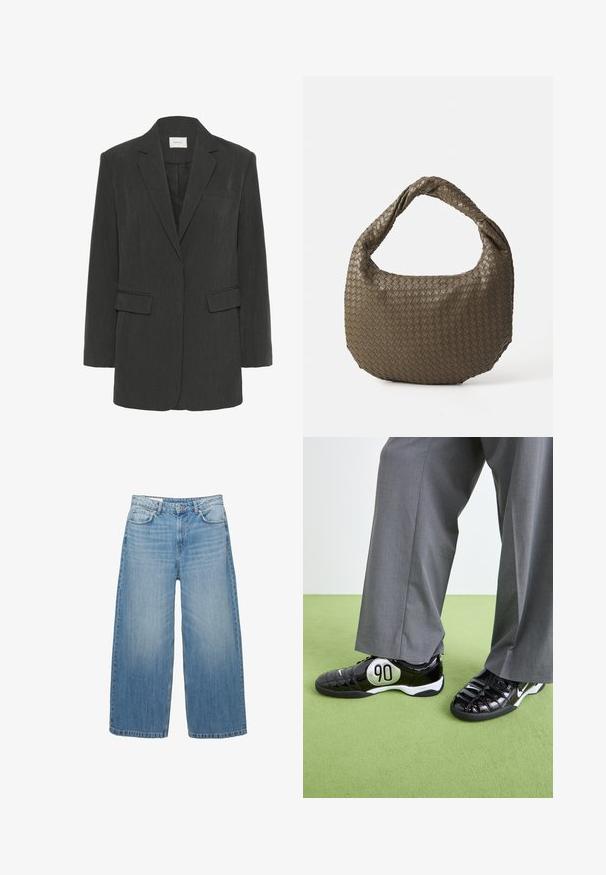 Tamno sivi sako s jednim kopčanjem, s reverima, dva džepa s poklopcem, jednim džepom na prsima i crnom unutrašnjom podstavom.; Svijetloplavi košulja dugih rukava s okovratnikom na dugmad, jednim džepom na prsima i opuštenim krojem. Glatka tekstura tkanine i klasičan dizajn.; Crni jednodijelni kupaći kostim s dubokim V-izrezom i prekrivenim trakama na leđima. Izrađen od glatkog materijala s elegantnim, uskim dizajnom.; Svijetloplave široke traperice izrađene od denima, s klasičnim dizajnom pet džepova i zatvaranjem na gumb. Ispucala textura cijelim površinom.; Crne patike od patentirane kože s srebrnim detaljem "90", koje imaju teksturiranu površinu i vezivanje na vezice, u kombinaciji sa širokim sivoj hlačama.; Tkana torbica maslinaste boje za ruke s zaobljenim oblikom i uvrnutom ručkom. Teksturirana površina s dijagonalnim uzorkom. Zatvaranje na patentni zatvarač.