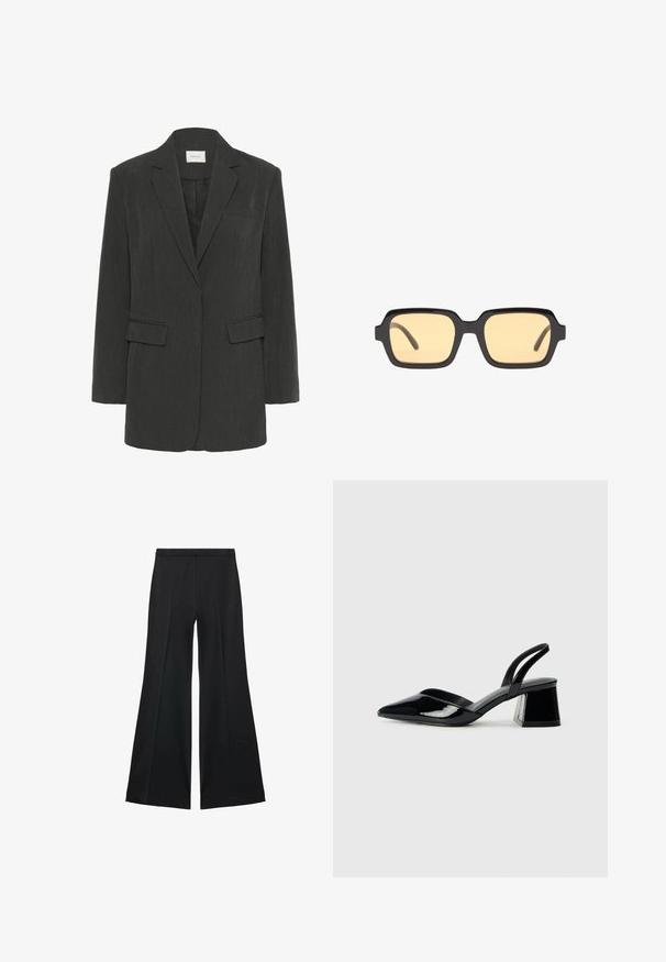 Donkergrijze single-breasted blazer met notch-lapel, twee flapzakken, een borstzak met welt en een zwarte binnenvoering.; Donkergrijze korte mouwen gebreide trui met een ronde hals, met een losse pasvorm en raglanmouwen, gemaakt van een zachte, gestructureerde stof.; Zwarte wijde-pijpen broek met een gladde textuur, gekenmerkt door voorplooien en een op maat gemaakte uitstraling. De stof is lichtgewicht en vloeiend.; Zwarte gepatineerde leren slingback hakken met een spitse neus en een geometrische blokhak. Kenmerkt zich door een slank, minimalistisch ontwerp en een gladde textuur.; Zwarte rechthoekige zonnebril met gele glazen, een lichtgewicht montuur en opvallende rechte randen op de temples. Gladde, glanzende afwerking.