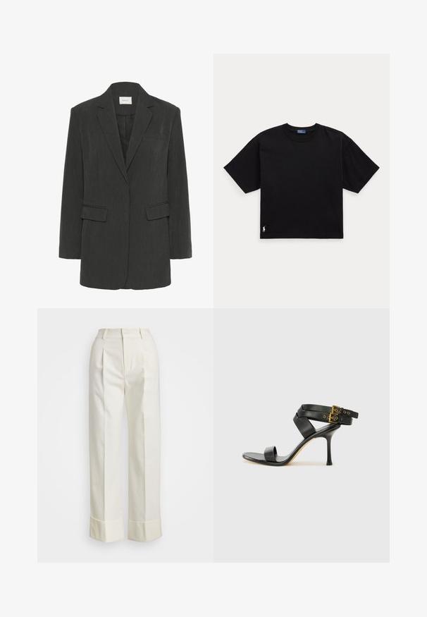 Tumehall anootega blazeri, millel on narmastikud klapid, kaks klapiga taskut, rinna tasku ja must sisetald.; Must musta t-särk lühikeste varrukatega, ümar kaelus ja väike valge logo alumisel vasakul küljel. Klassikaline, kastikujuline lõige minimaalsete detailidega.; Valged kohandatud püksid, millel on kõrge talje, topeltesine voldid ja laiad sääred volditud äärtega. Valmistatud siledast, tekstureeritud kangast.; Mustad mustand koos ristatud rihmade ja reguleeritava pandlaga. Omab siledat tekstuuri ja kitsenevat stiletto kontsa.