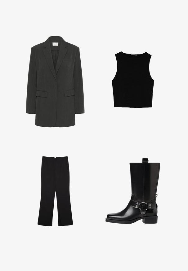 Tmavohnedý jednoradový sako s šikmými klopami, dvoma vreckami s klopou, jedným náprsním vreckom a čiernou podšívkou.; Čierny bezrukávový crop top vyrobený z hladkej tkaniny, so zaobleným výstrihom a čistým, jednoduchým dizajnom bez vzorov alebo kovania.; Čierne nohavice so strihom rovného strihu, s prednými vreckami a bočnými rozparkami na leme. Vyrobené z mäkkej, hladkej tkaniny. Vhodné na rôzne príležitosti.; Čierne kožené čižmy po kolená s špicatou špičkou, striebornými prackami a robustným podpätkom. Obsahujú pútko pre jednoduché obúvanie.