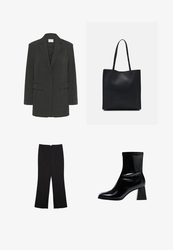 Tamno sivi sako s jednim kopčanjem, s reverima, dva džepa s poklopcem, jednim džepom na prsima i crnom unutrašnjom podstavom.; Crna kratka majica s kratkim rukavima i okruglim izrezom, jednostavnog dizajna, položena na ravnu bijelu podlogu.; Crne hlače ravnog kroja, s prednjim džepovima i bočnim prorezima na rubu. Izrađene od mekog i glatkog materijala. Pogodne za razne prigode.; Crne gležnjače izrađene od glatke kože. Imaju blok potpeticu s teksturiranim, rebrastim uzorkom i elegantan, sužen dizajn vrha.; Crna kožna torba za nošenje s glatkom teksturom, pravokutnim oblikom i dvije duge ručke. Nema vidljivih metalnih dijelova ili ukrasa.