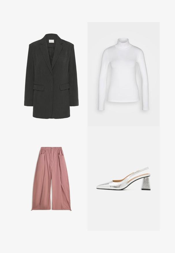 Sacou gri închis, cu un singur buton, cu rever cu tăietură, două buzunare cu clapă, un buzunar pe piept și căptușeală interioară neagră.; Cămașă albă cu mânecă lungă și guler înalt, fabricată dintr-un material neted și elastic. Are o croială ajustată și un guler înalt. Fără modele sau accente vizibile.; Pantaloni largi, cu talie înaltă, dintr-un material roz moale. Dispune de un brau elastic, două buzunare laterale și o textură fină.; Pumping argintie cu toc slingback, cu vârf ascuțit, finisaj metalic texturat și toc bloc triunghiular. Interiorul prezintă detalii din piele maro.