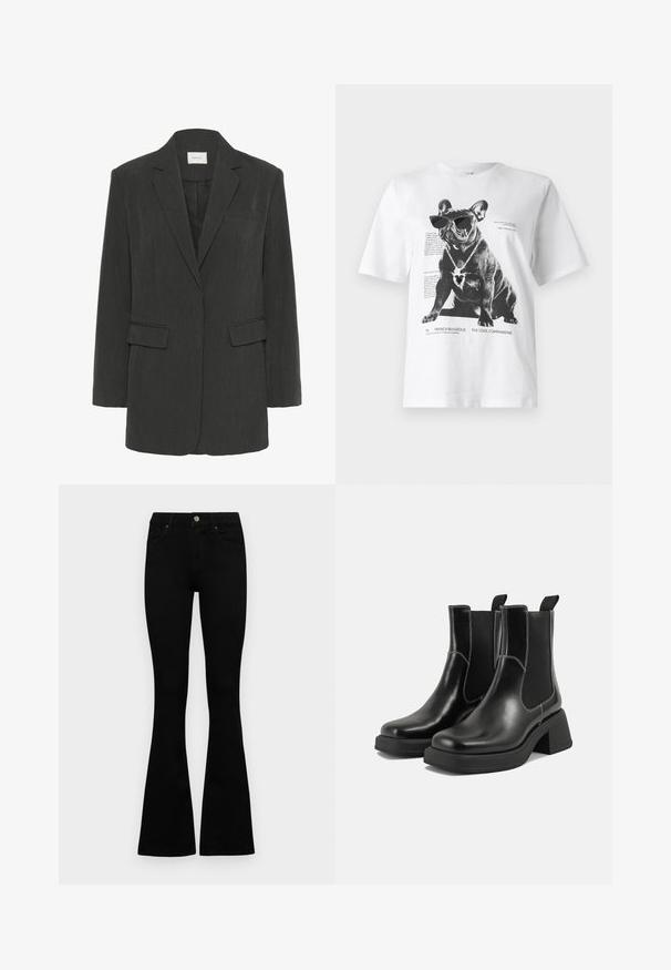 Blazer de un solo botón en gris oscuro con solapas de muesca, dos bolsillos con solapa, un bolsillo de pecho y un forro interior negro.; Camiseta gráfica blanca con un bulldog francés negro que lleva gafas de sol y un collar en forma de corazón, con texto impreso y detalles de diseño.; Jeans negros de cintura alta con cierre de botón y cremallera, bolsillos frontales y piernas acampanadas, dispuestos sobre un fondo blanco.; Botas Chelsea de cuero negro con tacón grueso, paneles laterales elásticos y costuras en blanco que contrastan. Acabado texturizado.