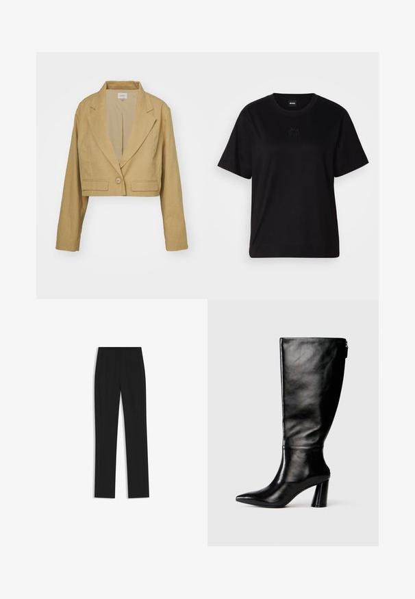 Krótkie marynarka w jasnobrązowym lnie z klapami, zapinana na jeden guzik, z białymi szwami ozdabiającymi przednie kieszenie.; Czarny bawełniany t-shirt z okrągłym dekoltem, krótkimi rękawami i haftowanym logo na piersi. Prosty, luźny krój bez wzorów.; Czarne spodnie o dopasowanym kroju z prostymi nogawkami, z przednimi kieszeniami i gładką, teksturowaną tkaniną. Schludne, minimalistyczne wykończenie.; Czarny skórzany but do kolan z ostro zakończonym noskiem, gładką fakturą i grubym obcasem. Posiada zamek z tyłu.