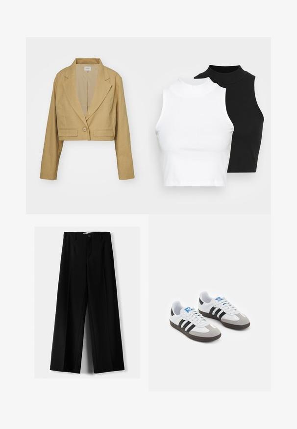 Kürzerer Blazer aus hellbraunem Leinen mit Reverskragen, einer einzelnen Knopfverschluss und weißen Nähten, die die Fronttaschen betonen.; Zwei ärmellose, gerippte Rollkragenoberteile in Schwarz und Weiß, mit einer figurbetonten Passform und glatter Textur sowie einer cropped Länge.; Schwarze weite Hosen aus leichtem Stoff, mit einem Knopfverschluss vorne und flachem Bund, mit sorgfältig genähten Säumen.; Sportschuhe mit einem Obermaterial aus weißem Leder, grauer Wildleder-Zehenkappe und drei schwarzen Streifen. Sie verfügen über ein blaues Logo auf der Zunge und eine strukturierte Gummisohle.