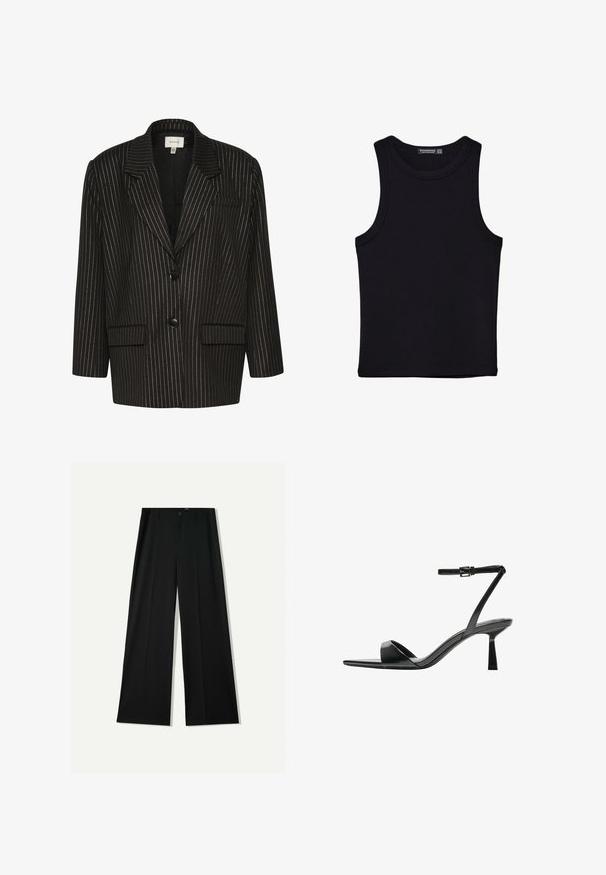 Crni sako s prugama i srebrnim linijama, oštri ovratnik, dva prednja džepa, zatvaranje na dva gumba i kroj prilagođen tijelu. Teksturirana tkanina.; Crni top bez rukava od pamuka, s okruglim izrezom i širokim izrezima za ruke. Glatka tekstura s ušivenim rubovima. Klasičan, minimalistički dizajn.; Bershka WIDE - Hlače - black; Bershka Sandale s visokom petom - black