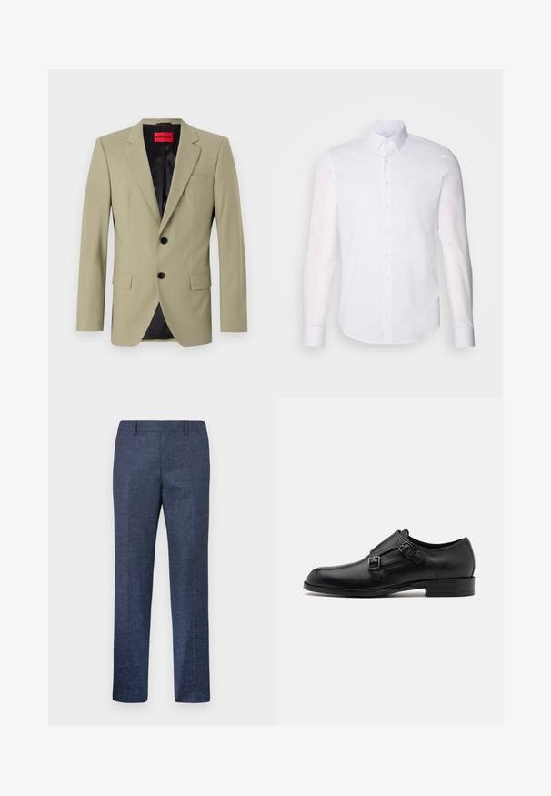 Light green blazer with notch lapels, two black buttons, and a chest pocket. Features a contrasting black satin lining.; White long-sleeve button-up shirt made from cotton, featuring a classic collar, front buttons, and minimal stitching detail.; Navy blue trousers made from a textured fabric, featuring straight legs, a flat front, and two side pockets. No visible patterns or accents.; Black leather dress shoe with dual buckles, sleek silhouette, and round toe. Features a low heel and smooth texture.