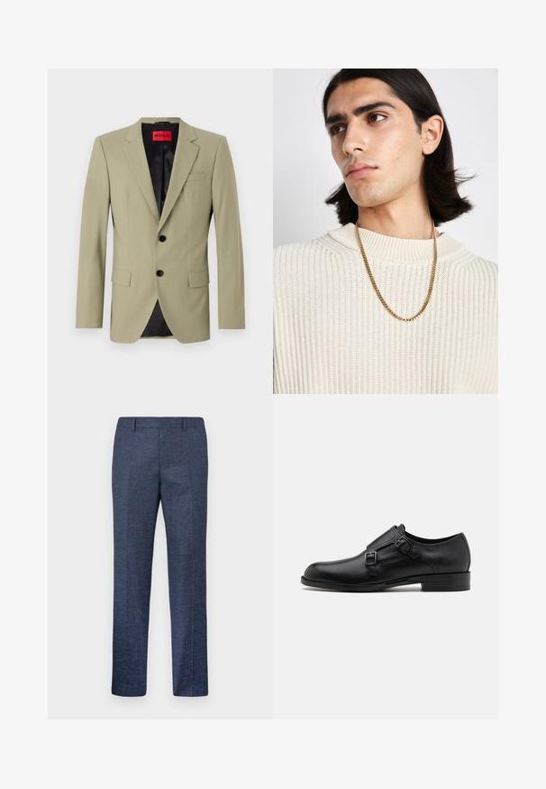 Svijetlozeleni blejzer s reverima, dva crna gumba i džepom na prsima. Ima kontrastnu crnu satensku podstavu.; Bijela košulja dugih rukava s gumbima napravljena od pamuka, s klasičnom kragnom, prednjim gumbima i minimalnim detaljima šivanja.; Mornarskoplave hlače izrađene od teksturirane tkanine, s ravnim nogavicama, ravnim prednjim dijelom i dva bočna džepa. Bez vidljivih uzoraka ili akcenata.; Crne kožne cipele s dvostrukim kopčama, elegantne siluete i okruglim prstima. Imaju nisku petu i glatku teksturu.; Zlatna lančana ogrlica nošena preko kremaste pletene dukserice; mekana tekstura s visokim ovratnikom i suptilnim uzorkom na tkanini.