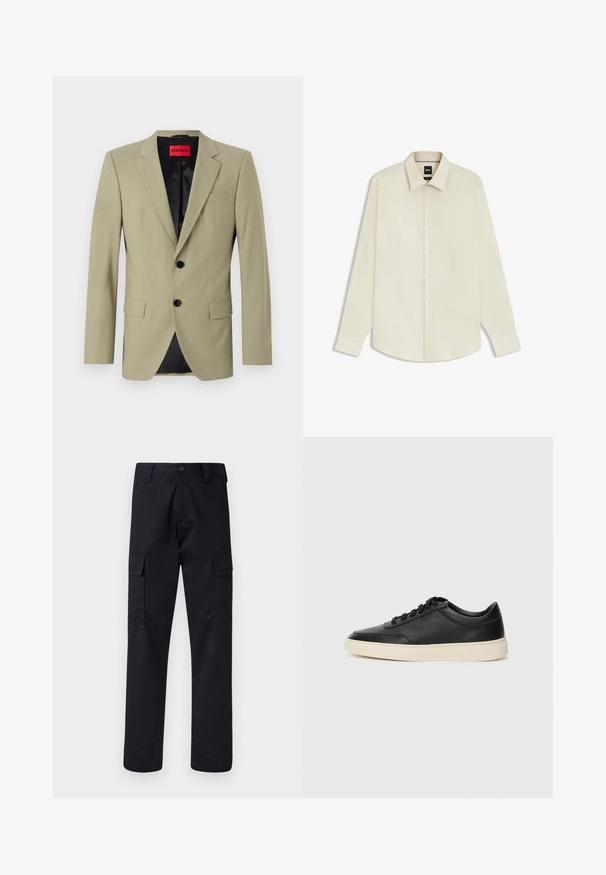 Light green blazer with notch lapels, two black buttons, and a chest pocket. Features a contrasting black satin lining.; BOSS JOE KENT - Formal shirt - open white eleven; Black cargo pants made of sturdy fabric, featuring a straight-leg cut, two side pockets, and a button closure at the waistband.; Black low-top leather sneaker with black laces and off-white sole shown in side profile on white background.