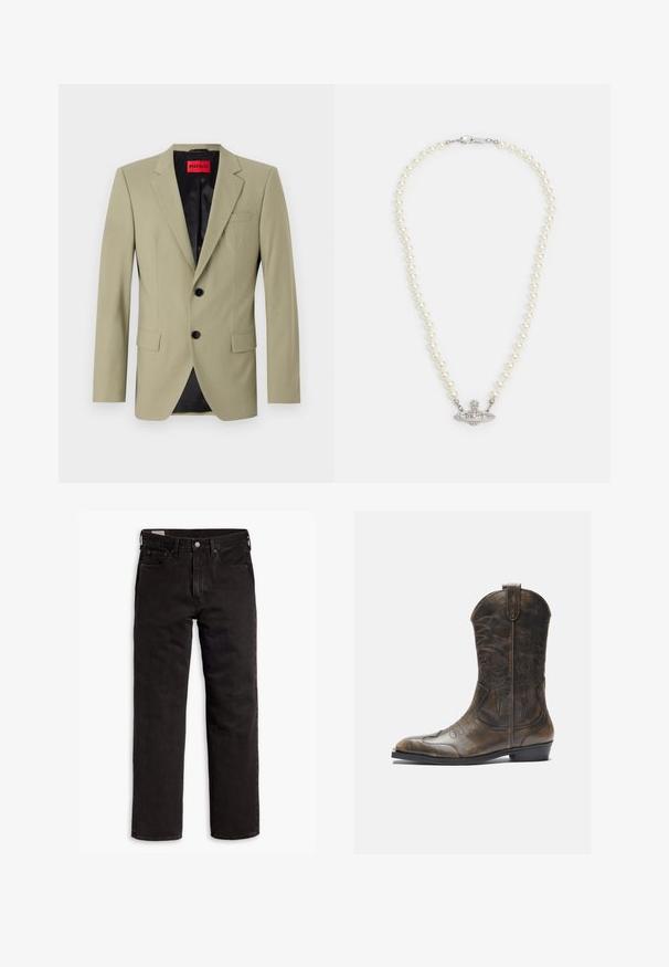 Blazer verde chiaro con rever, due bottoni neri e tasca sul petto. Presenta una fodera in satin nera a contrasto.; T-shirt nera in cotone con maniche corte, collo rotondo e vestibilità comoda. Texture liscia e design minimalista, senza motivi né dettagli.; Jeans in denim neri a gamba dritta con cinque tasche, chiusura a bottone e passanti per cintura, adagiati su uno sfondo bianco.; Stivale da cowboy in pelle marrone con gambale alto, punta affusolata, motivi di cucitura intricati e tacco basso. Finitura testurizzata in tutto lo stivale.; Collana di perle con chiusura in tono argento. Caratterizzata da perle bianche rotonde e un centro decorativo impreziosito da strass.
