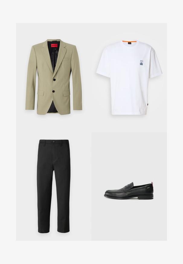 Hellgrüner Blazer mit Revers, zwei schwarzen Knöpfen und einer Brusttasche. Verfügt über ein kontrastierendes schwarzes Satinfutter.; Weißes Baumwoll-T-Shirt mit einem kleinen blauen Logo und Grafikdesign auf der linken Brust; entspannter Schnitt mit klassischem Rundhalsausschnitt.; Schwarze Hose mit geradem Schnitt, aus glattem Stoff gefertigt. Verfügt über einen Knopfverschluss und Gürtelschlaufen. Keine sichtbaren Muster oder Akzente.; Schwarze Lederloafers mit einem strukturierten Vorderteil und glatten Seiten. Sie verfügen über einen schmalen Absatz und eine Schlaufe an der Rückseite für einfaches Anziehen. Klassisches Design.