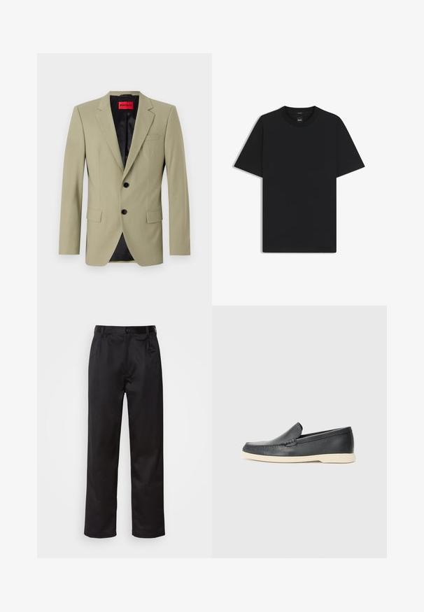 Ljusgrön blazer med slagkragar, två svarta knappar och bröstficka. Har en kontrasterande svart satinfoder.; Svart kortärmad T-shirt i en mjuk bomullsblandning, med rundad halsringning och en minimalistisk design utan mönster eller detaljer.; Svarta byxor i slätt tyg med framknäppning, veck och raka ben. Inga synliga mönster eller detaljer.; Svarta läder slip-on loafers med en texturerad yta och en kontrasterande beige gummisula. Har en subtil accent längs fram.