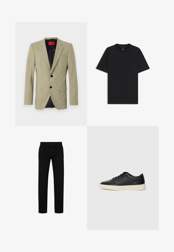 Blazer verde chiaro con rever, due bottoni neri e tasca sul petto. Presenta una fodera in satin nera a contrasto.; Maglietta nera a maniche corte realizzata in un morbido misto cotone, con scollatura a girocollo e un design minimalista senza motivi o dettagli.; Pantaloni di cotone neri con vestibilità dritta, dotati di chiusura con bottone, passanti per cintura e design minimalista. Texture liscia, senza fantasie.; Sneaker in pelle nera a basso profilo con lacci neri e suola avorio, mostrato di profilo su sfondo bianco.