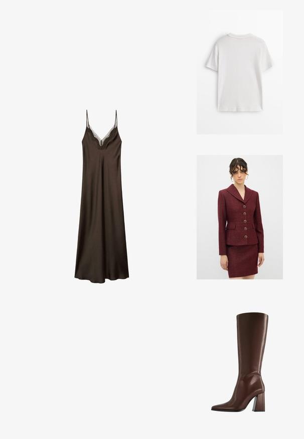 adL WITH POCKET DETAIL - Blazer - claret red; White cotton t-shirt with short sleeves, a round neck, and a smooth texture. The back is plain with no additional patterns or designs.; Brown satin slip dress with lace neckline detail, thin adjustable straps, and a relaxed fit, featuring a smooth, soft texture.; Brown knee-high leather boot with pointed toe and chunky mid-height heel shown in side profile on white background.; Zign LEATHER - Handbag - dark red