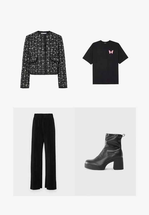 Juodas ir sidabrinis audinys, trumpa striukė, apvalia iškirpte, su keturiais apvaliais mygtukais, dviem priekiniams kišenėms ir tekstūruota paviršiumi.; Juodas medvilnės marškinėliai trumpomis rankovėmis, su maža rožine drugelio grafika kairėje krūtinės pusėje. Apvalus kaklo iškirpimas, laisvas kirpimas.; Juodi plisuoti kelnės su elastine juosta. Turėkite plačias kojas ir glotnų, tekstūrinį audinį su vertikaliais dryžiais.; Juodos kulkšninių botai, pagaminti iš lygaus odos, su šoniniu užtrauktuku, masyviu tekstūruotu kulnu ir apvaliu pirštu.