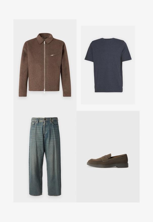 Barna gyapjúkeverék kabát, galléros nyakkal, elől cipzárral záródik, és oldalsó cipzáros zsebbel rendelkezik. Texturált felület és egyenes szabás.; Sötétkék, kerek nyakú póló, puha pamut keverék anyagból készült, rövid ujjú és normál szabású. Nincsenek látható minták vagy díszítések.; Világoskék farmernadrág, laza fazonnal, közepes derékbőséggel és egyenes szárral. Öt zsebet, övbucskát és gombos záródást tartalmaz.; Barna velúr loafer, lekerekített orral, egy csíkkal a lábfejen, és lapos gumitalppal. Egyszerű dizájn, letisztult vonalakkal és minimális részletezéssel.