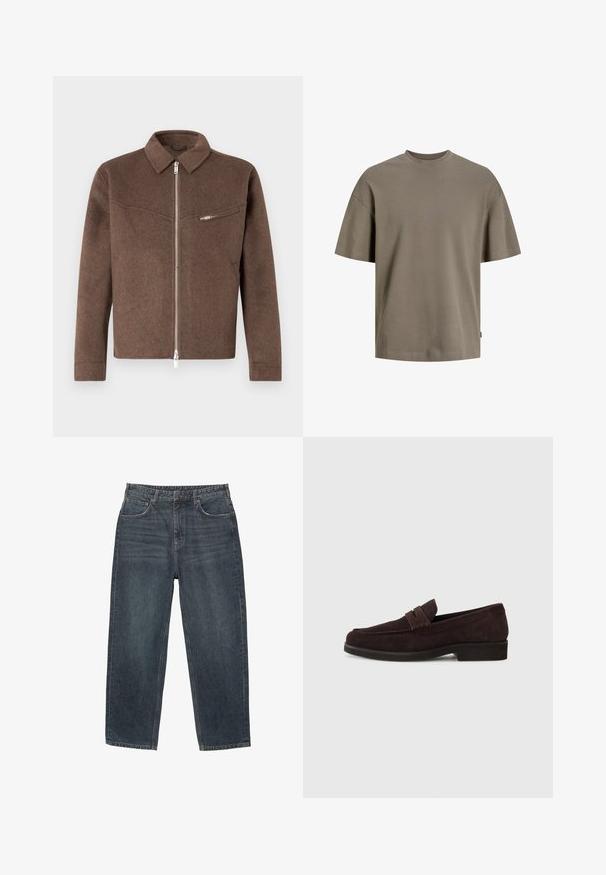 Brah našit ceket iz mešane volne s kragnatim izrezom, sprednjim zadrgo in stranskim žepom z zadrgo. Teksturiran videz in ravna kroja.; Bombažna majica v utišani olivno zeleni barvi; ima okroglo vratno odprtino, kratke rokave in sproščen kroj z minimalnimi detajli šivanja.; Temno modri jeans s ravnim krojem, petimi žepi, loči za pas in subtilnim zbledelostjo na materialu. S tlakovanimi robovi.; Brazdni zamšasti loaferi z nizkim profilom in okroglo prstjo. Imajo dekorativni pas čez zgornji del, ravno gumijasto podplat in brez vidnih šivov.