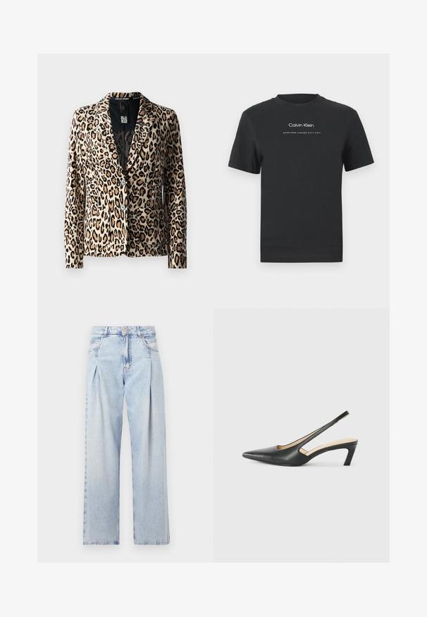 Leopard-Print-Blazer aus weichem Stoff, mit Reverskragen, zwei Fronttaschen und drei Knöpfen. Die Farbpalette umfasst Beige und Schwarz.; Schwarzes Baumwoll-T-Shirt mit Rundhalsausschnitt, kurzen Ärmeln und weißem Druck des "Calvin Klein" Logos sowie dem Text "Established 1968".; Helle blaue Denim-Jeans mit hoher Taille, weitem Beinschnitt, zwei seitlichen Taschen und gefaltetem Design. Weiche Textur mit einem ausgebleichten Finish.; Schwarzer spitz zulaufender Slingback-Schuh mit niedrigem Absatz, der aus glattem Leder gefertigt ist und seitliche Ausschnitte für Atmungsaktivität aufweist.