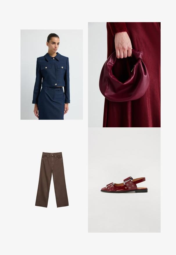 Nainen, joka on pukeutunut räätälöityyn tummansiniseen takkiin, jossa on kultaiset napit, ja yhteensopivaan korkeavyötäröiseen hameeseen, seisoo vaaleaa valkoista taustaa vasten.; Keltainen raidallinen paita, jossa on pitkät hihat, terävä kaulus ja edessä nappikiinnitys. Sisältää pystysuoria sinisiä raitoja ja muotoiltua istuvuutta.; Leviittävät ruskeat farkut, jotka on valmistettu denimistä, korkea vyötärö, etutaskut ja klassinen nappikiinnitys. Silkkinen pinta hienovaraisella ompelutyöllä.; Burgundy patent leather slingback-kengät, joissa on terävä kärki, kaksi säädettävää soljella varustettua hihnaa ja hopeanvärisiä yksityiskohtia.; Burgundy-nahkakäsilaukku, jossa on pehmeä, ryppyinen muotoilu ja pyöreä muoto. Kahva on kiinnitetty tukevasti, ja siinä on sileä pinta.