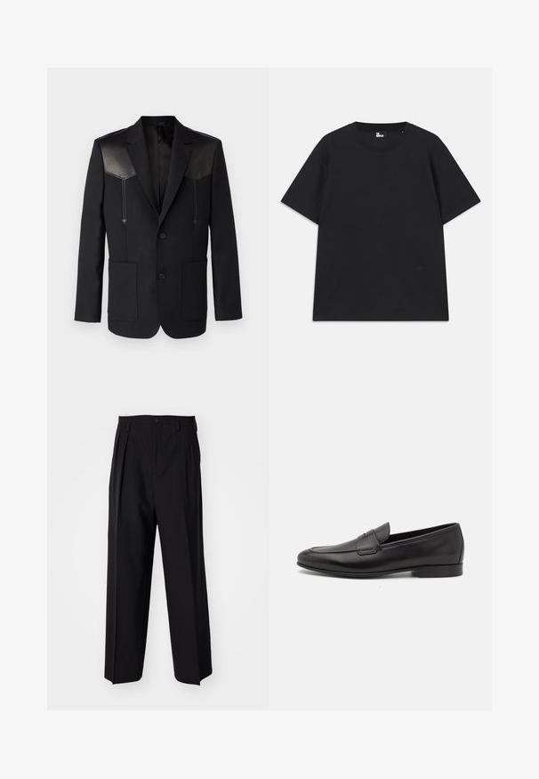 Zwarte blazer met leren schouderaccenten, notch revers, twee voorkruiken en een enkele knoopsluiting. Soepel, op maat gemaakt ontwerp.; Zwart kortebril T-shirt van katoen, met een ronde hals en een klein logo detail near de zoom. Gladde textuur, normale pasvorm.; Zwarte geplooide broeken met een rechte, brede pijpontwerp. Gemaakt van soepele stof, met een knoopsluiting en riemlussen.; Zwarte leren herenloafers met een lage hak en een klassiek pennystrap-ontwerp, getoond in zijaanzicht op een witte achtergrond.