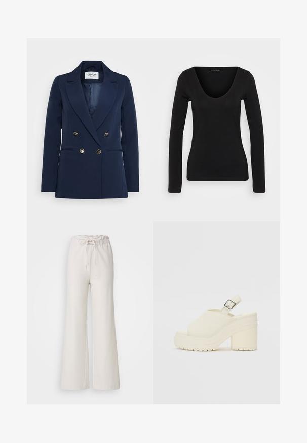 Tamsiai mėlynas dvigubo breasted švarkas su išpjauta apykakle, auksinėmis mygtukais ir lygiu paviršiumi. Sukurtas su šoninėmis kišenėmis ir pritaikytu kirpimu.; Juodas ilgas rankovėmis viršus, pagamintas iš minkštos medžiagos. Savybės - V formos iškirptė ir prigludusi siluetas, su lygiu paviršiumi ir minimaliu siūlių detalizavimu.; Šviesiai smėliniai plačios kojų kelnės su elastinga juosmens juosta ir reguliuojamu raiščiu. Pagamintos iš lygios medžiagos; turi paprastą, nepuošiamą dizainą.; Baltos platformos bateliai su atvira nosimi ir užsegimu ant kulno. Pagaminti iš tekstūruoto medžiagos, pasižymi storu padu su sukibimo raštais.