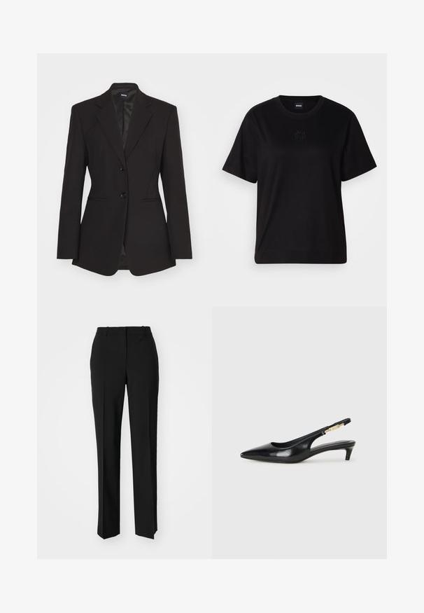 Black tailored women's blazer with two buttons, notched lapels, and two front pockets, displayed on a white background.; Black cotton t-shirt with a crew neckline, short sleeves, and an embroidered logo on the chest. Simple, relaxed fit with no patterns.; Black tailored trousers with a straight-leg design, featuring a smooth texture and crisp creases along the front. No visible hardware.; Black leather slingback heels with a pointed toe, featuring a slim heel and a gold-tone accent on the adjustable strap. Smooth texture.
