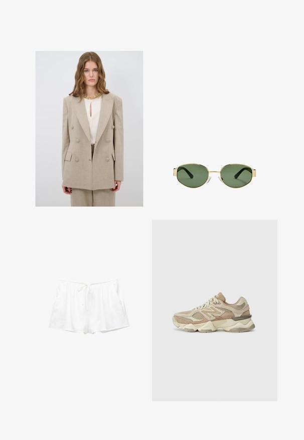 Beige dobbeltradet blazer med store knapper, slagkrave og tilpasset pasform. Båret over en cremefarvet bluse med nøglehulskrave.; Hvid ærmeløs tanktop med firkantet udskæring, glat tekstur og tætsiddende design. Fremstillet af letvægtsmateriale.; Hvide bomuldsbukser med elastisk talje, justerbar snor og sidelommer. Blød tekstur og enkelt design med en løs pasform.; Beige sportsko i mesh og ruskind, rund tå, tykk sål og bemærkelsesværdige reflekterende detaljer på siden.; Solfarvede solbriller med guldmetalramme, grønne linser, oval form, sorte stænger og klare næsepuder. Rent, minimalistisk design.; Brun vævet lædertaske med et buet, knyttet håndtag og en lynlås lukning. Glat tekstur og rund form.