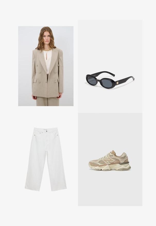 Beige Doppelreiher-Blazer mit großen Knöpfen, Reverskragen und taillierter Passform. Getragen über einer cremefarbenen Bluse mit einem Schlüsselausschnitt.; Weißes ärmelloses Tanktop mit quadratischem Ausschnitt, glatter Textur und figurnahen Schnitt. Hergestellt aus leichtem Material.; Weiße Jeans im weit geschnittenen Design aus Denim mit hoher Taille, ausgestattet mit fünf Taschen und Metallbeschlägen. Glatte Textur, keine sichtbaren Muster.; Beige Sport sneakers aus Mesh- und Wildledermaterialien, runde Zehenpartie, dicke Sohle und auffällige reflektierende Akzente an der Seite.; Schwarze ovale Sonnenbrillen mit dunklen Gläsern, glänzendem Kunststoffrahmen, breiten Bügeln und einem kleinen goldenen Akzent auf einer Seite.