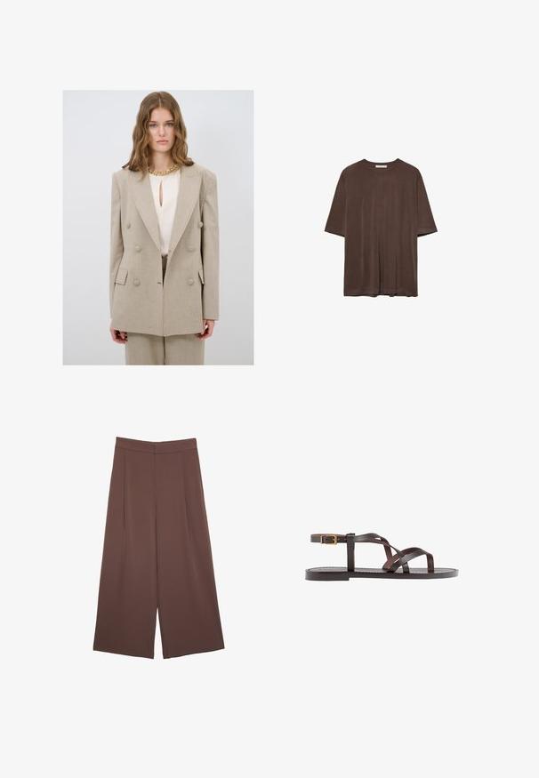 Beige Doppelreiher-Blazer mit großen Knöpfen, Reverskragen und taillierter Passform. Getragen über einer cremefarbenen Bluse mit einem Schlüsselausschnitt.; Braunes kurzärmeliges T-Shirt aus weichem Stoff, mit Rundhalsausschnitt und lockerer Passform. Glatte Textur ohne Muster oder Akzente.; Braune Weite-Leg-Hosen mit einer glatten Textur, hoher Taille und Vorderfalten. Der Stoff ist leicht und fällt locker.; Braune Leder-Sandale mit überkreuzten Riemen, einem Knöchelriemen mit Schnalle und einer flachen Sohle mit minimalen Nähdetails.