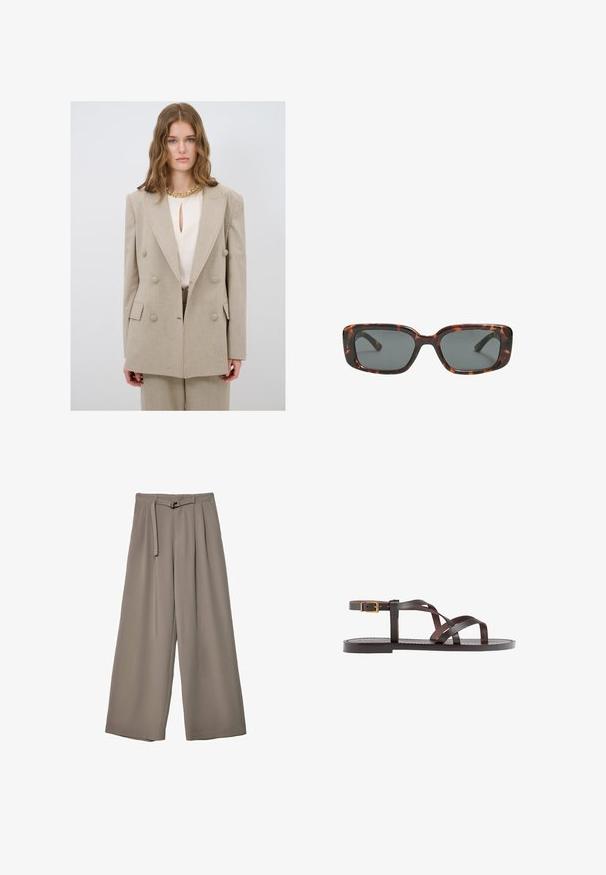 Beige dobbeltradet blazer med store knapper, slagkrave og tilpasset pasform. Båret over en cremefarvet bluse med nøglehulskrave.; Brun kortærmet t-shirt lavet af blødt stof, med rund halsudskæring og afslappet pasform. Ingen synlige mønstre eller detaljer.; Vide ben bukser i et blødt, afdæmpet grå stof, med en bælte i taljen og plisseringer for ekstra designdetalje. Glat tekstur, ingen mønstre.; Brune lædersandal med krydsende stropper, ankelspænde og en flad sål med minimale syninger.; Skildpaddedesolbriller med rektangulære linser, tykke stel og mørkt tonede linser. Glat tekstur og minimalistisk design.