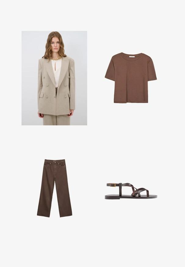 Beige dobbeltradet blazer med store knapper, slagkrave og tilpasset pasform. Båret over en cremefarvet bluse med nøglehulskrave.; Brun kortærmet t-shirt lavet af blødt stof, med rund halsudskæring og afslappet pasform. Ingen synlige mønstre eller detaljer.; Bredde ben brun denim jeans med høj talje, forlommer og klassisk knaplukning. Glat tekstur med diskret syninger.; Brune lædersandal med krydsende stropper, ankelspænde og en flad sål med minimale syninger.