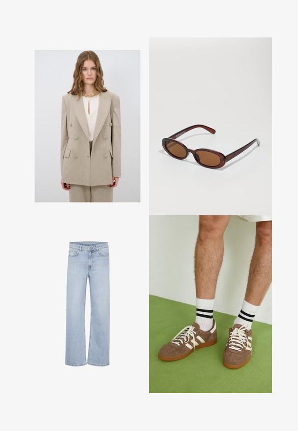 Beige dubbelzijdig blazer met grote knopen, profielrevers en perfect tailored fit. Draagt over een crèmekleurige blouse met een keyhole-halslijn.; Witte korte mouwen t-shirt van katoen. Heeft een ronde halslijn en een ontspannen pasvorm. Glad textuur zonder zichtbare patronen of accenten.; Lichtblauwe wijde jeans gemaakt van denim. Beschikt over ceintuurlussen, een vijf-pocket ontwerp en gestikte accenten langs de naden.; Bruine suède sneakers met witte accenten en veters. Rubberen gumzool. Draag met witte sokken met zwarte strepen. Groene gestructureerde vloer.; Ronde, bruin getinte zonnebril met een glanzend bordeauxrood frame. Slanke pootjes met subtiele merkdetails. Vlakke lensontwerp.; DRAGON DIFFUSION MINI FLAT GORA - Handtas - dark brown