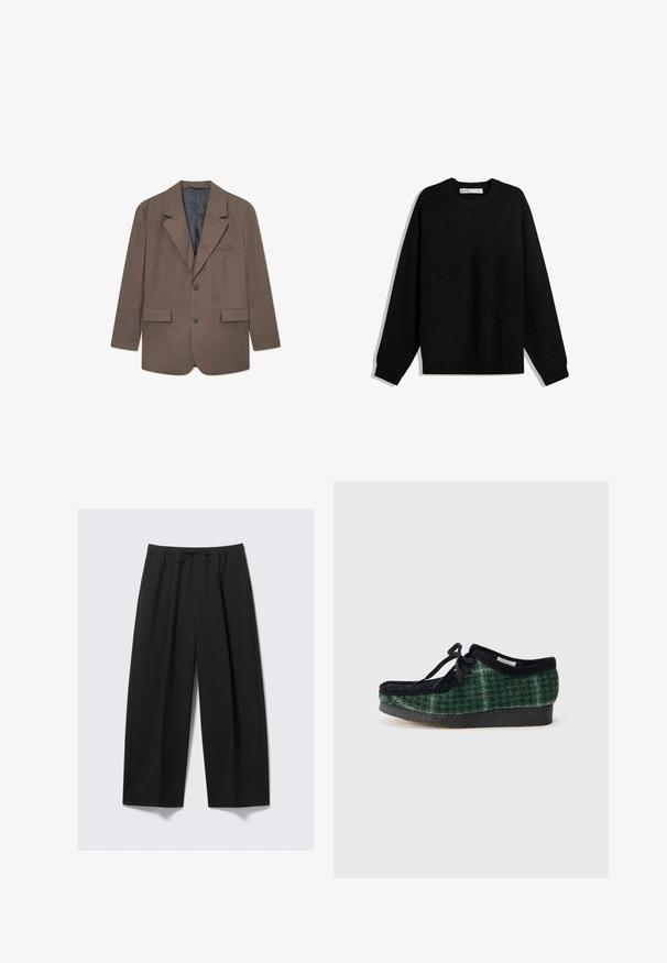 Brown checkered blazer with notched lapels, two front pockets, single button closure, and a gray lining. Textured fabric with a tailored fit.; Black knitted sweater with a round neckline, dropped shoulders, and ribbed cuffs and hem. Features a textured fabric for warmth.; Black wide-leg trousers made of lightweight fabric, featuring an elastic waistband with a drawstring and no visible pockets.; Green and black patterned shoes with a suede upper, featuring a rounded toe, laces, and a textured, rubber sole.