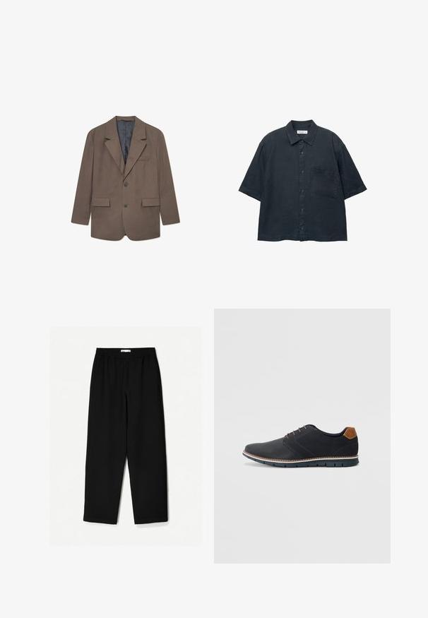 Braunes kariertes Blazerjackett mit Reverskragen, zwei Fronttaschen, einem Knopfverschluss und einem grauen Futter. Strukturierter Stoff mit taillierter Passform.; Dunkelblauses Kurzarm-Hemd mit Knopfleiste, aus leichtem Stoff gefertigt, mit einer Brusttasche und einem klassischen Kragen-Design.; Schwarze, weit geschnittene Hose aus leichtem Stoff. Mit elastischem Bund und glatter Textur. Keine sichtbaren Muster oder Beschläge.; Schwarze synthetische Schuhe mit einer strukturierten Oberseite, glatten Akzenten, braunem Absatz und einer kontrastierenden Sohle. Verfügt über minimale Schnürung und Nähdetails.