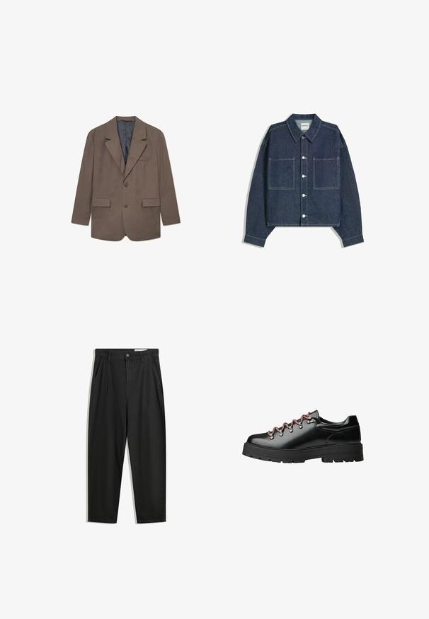 Blazer a quadri marrone con rever a punte, due tasche anteriori, chiusura con un bottone e fodera grigia. Tessuto strutturato con vestibilità su misura.; Giacca cropped in denim blu scuro con colletto a punta, due tasche frontali e chiusura con bottoni argentati. Presenta dettagli di cucitura in vista.; Pantaloni in cotone neri con una vestibilità rilassata, dotati di una vita classica, pieghe frontali e tasche laterali. Tessuto liscio senza fantasie.; Scarpa da escursionismo in pelle nera con lacci rossi e bianchi, grandi fori per i lacci e suola spessa e tassellata per aderenza e stabilità.