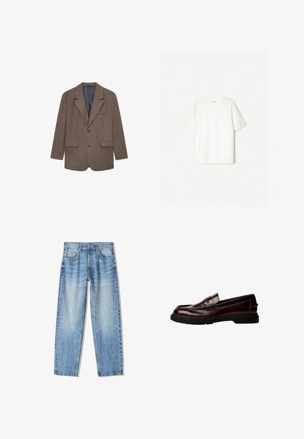 Hnedý károvaný blazer s klopami, dvoma prednými vreckami, jedným gombíkom na zapínanie a šedou podšívkou. Textúrovaná tkanina s priliehavým strihom.; Biele tričko s krátkym rukávom vyrobené z mäkkého bavlneného materiálu. S dizajnom s okrúhlym výstrihom, vo voľnom strihu, bez viditeľných log či vzorov.; Svetlomodré džíny z denimu s voľným strihom, rovnými nohavicami, piatimi vreckami a vyblednutou textúrou. Obsahujú predné zapínanie na gombík a zips.; Hnedé kožené poltopánky s okrúhlou špičkou, detailným prešívaním a gumovou podrážkou. Obsahuje dekoratívny pásik, hladký povrch.