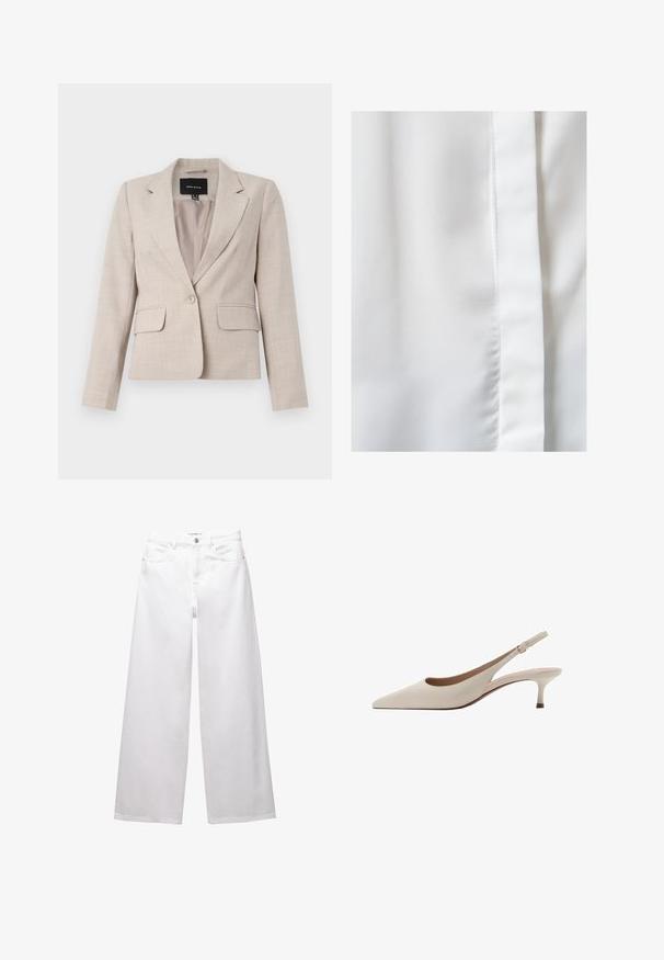 Beżowa, dopasowana marynarka z pojedynczym zapięciem na guzik, dwoma przednimi kieszeniami i fakturowanym wykończeniem materiału. Podszewka wewnętrzna.; Biały materiał o gładkiej, jedwabistej fakturze, z delikatnym połyskiem i pionowym szwem po prawej krawędzi.; Białe dżinsy w stylu wide-leg wykonane z denimu. Posiadają zapięcie na guzik, kieszenie z przodu i z tyłu oraz przeszycia. Gładka tekstura z minimalnymi detalami.; Beżowe szpilki slingback z zakończeniem w szpic i niskim, rozkloszowanym obcasem. Wykonane z gładkiej skóry, o minimalistycznym wzornictwie i regulowanym pasku.