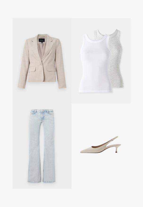 Beige, tailored blazer with a single button closure, two front pockets, and a textured fabric finish. Lined interior.; Two sleeveless tank tops: one white, ribbed texture, and one light gray with a subtle heather pattern. Both have round necklines.; Light blue flared jeans made from denim. Features a waistband with metal button, five-pocket design, and subtle fading throughout.; Beige slingback heels with a pointed toe and a low, flared heel. Made from smooth leather with a minimalistic design and adjustable strap.
