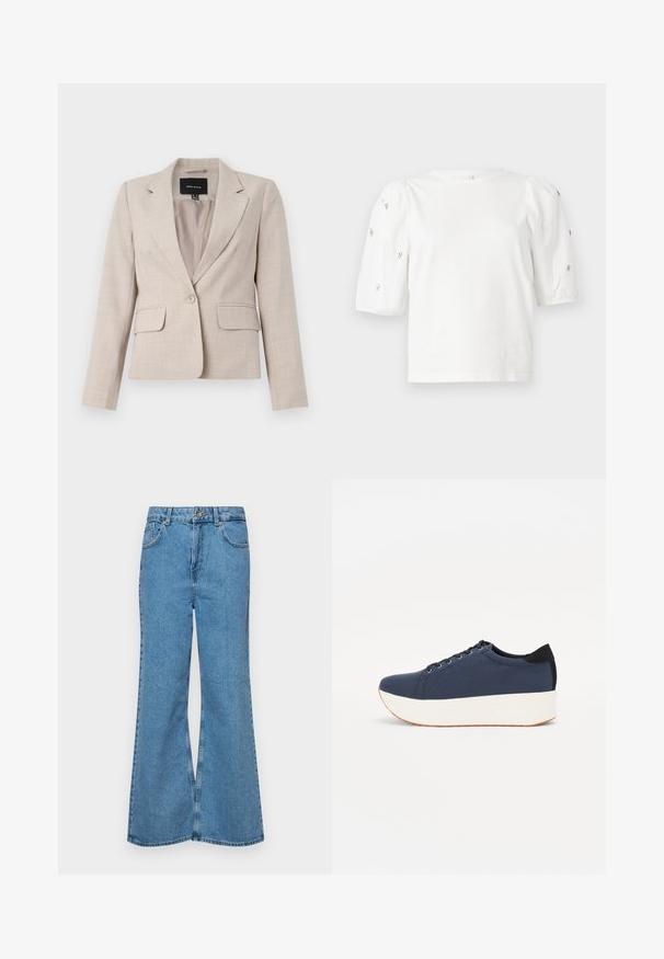 Beige, szabott zakó, egysoros gombolással, két elülső zsebbel és textúrált anyagú felülettel. Bélése bélelt.; Fehér pamut póló rövid puffos ujjakkal, a ujjain kicsi ezüst díszítések találhatók. Klasszikus kerek nyakú, laza fazonú.; Világoskék, trapézszárú farmernadrág, magas derékkal, öt zsebbel és egy gombos záródással. Puha tapintású, magasított effektusú anyag.; Sötétkék sportcipő, texturált szövet felsőrész, fehér platform talp, lekerekített orr és fekete sarok akcentussal. Hat fűzőlyuk található rajta.