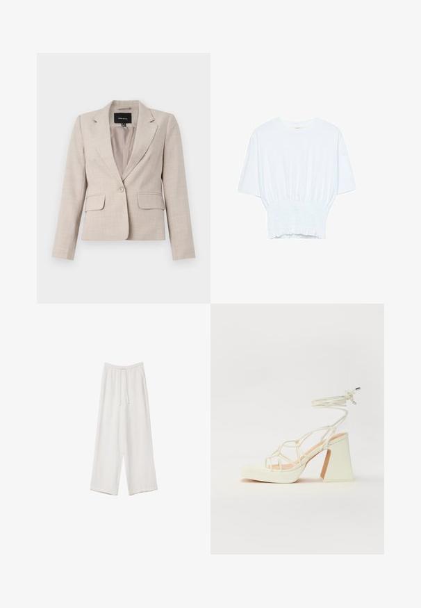 béžový, strihaný blazer s jedným gombíkom, dvoma prednými vreckami a štruktúrovanou textilnou povrchovou úpravou. Podšívkový interiér.; Biela krátka T-shirt s voľným strihom a zlaceným textúrou v oblasti pása. Vyrobená z mäkkého, ľahkého materiálu.; Biele široké nohavice vyrobené z ľahkej tkaniny. Obsahujú elastický pás so sťahovacou šnúrkou a bočné vrecká. Hladká textúra.; Biele sandále na vysokom opätku s hrubým podpätkom, s pruhovaným dizajnom a viazaním na členku. Hladký povrch s platformou vpredu pre zvýšenú výšku.