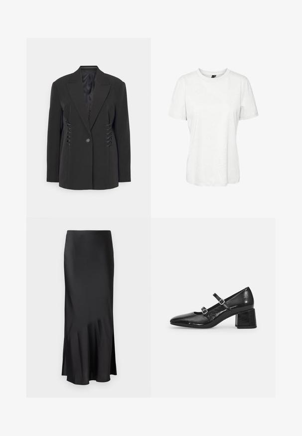 Blazer noir avec des revers aigus, fermeture à un bouton et des détails à lacets sur les côtés. Vient avec un doublure intérieure lisse.; T-shirt blanc à manches courtes en coton, avec un col rond et une coupe décontractée. Texture lisse et sans motifs ni embellissements visibles.; Jupe midi en satin noir au design épuré, avec une légère évasement à l'ourlet et une fente sur le côté pour faciliter les mouvements. Texture lisse.; Chaussures Mary Jane en cuir verni noir avec un bout pointu, deux sangles réglables et un talon épais. Texture lisse et finition brillante.