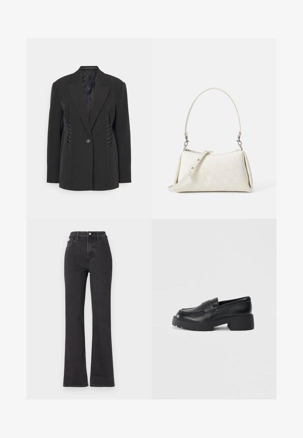 Blazer negro con solapas afiladas, cierre de un solo botón y detalles de cordones en los laterales. Viene con un forro interior suave.; Camiseta de algodón negra con cuello redondo, manga corta y el logotipo azul bordado de "Calvin Klein JEANS" en el frente.; Jeans de cintura alta negros en tejido de mezclilla, con cierre de botón, presillas para cinturón y bolsillos laterales. Textura suave con un desvanecimiento mínimo.; Mocasines de cuero negro con un acabado texturizado, que cuentan con una correa rectangular sobre el empeine y un diseño de suela gruesa y dentada.; Bolso de mano blanco con textura suave, silueta curva y correa de hombro ajustable. Presenta un sutil patrón de logo y acentos de hardware en plata.