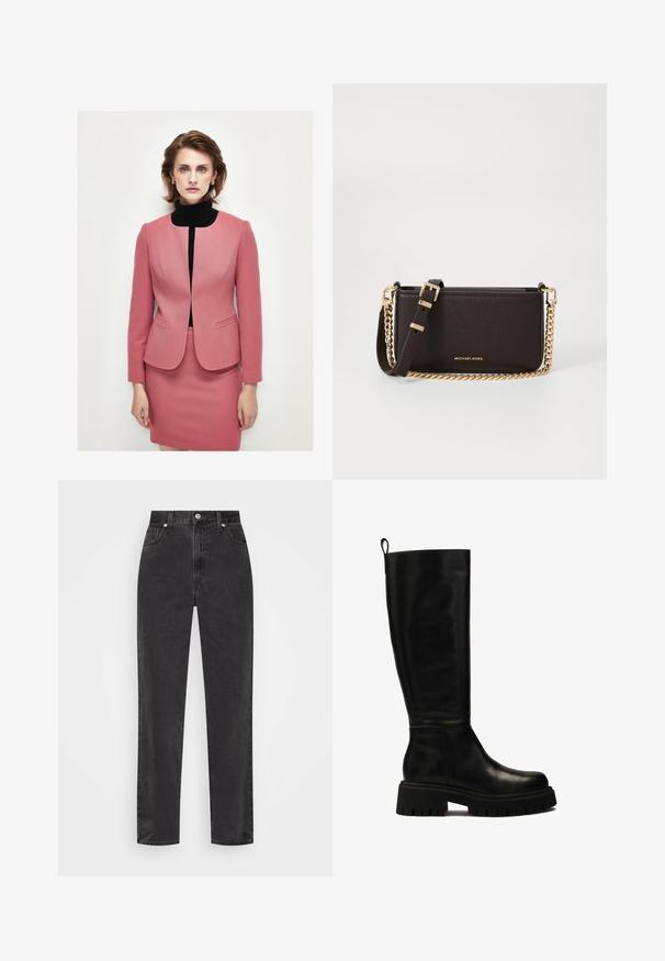 Różowa, dopasowana marynarka z okrągłym dekoltem, dwoma przednimi kieszeniami i wyszczuplającym krojem, w komplecie z dopasowaną spódnicą ołówkową. Czarne golf pod spodem.; Granatowy kardigan w splot kablowy z okrągłym dekoltem, zapinany na sześć guzików, z prążkowanym dołem i mankietami. Mały czerwony akcent logo po lewej stronie klatki piersiowej.; Biała koszula zapinana na guziki z długimi rękawami, z wyraźnym kołnierzykiem i zaokrąglonym dołem. Wykonana z gładkiego, jednolitego materiału bez widocznych wzorów ani akcentów.; Czarne dżinsy o prostych nogawkach z wysokim stanem, z przodem zapinanym na guzik i zamek, oraz pięcioma kieszeniami na białym tle.; Czarne skórzane botki do kolan o smukłym designie, okrągłym nosku i masywnej gumowej podeszwie z głębokimi rowkami oraz uchwytem na górze.; MICHAEL Michael Kors BRYANT brązowy