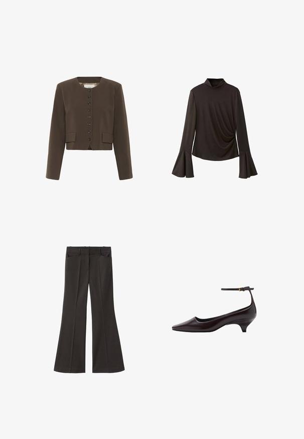 Bruine cropped blazer met een ronde halslijn, sluiting met zes knopen en twee voorkwasten. Gemaakt van een gestructureerde stof met een gladde voering.; Zwarte longsleeve top met hoge kraag, voorzien van uitlopende mouwen en een geplooid zijdetail voor textuur. Gemaakt van rekbare stof.; Zwarte flared broek met een hoge taille; beschikt over twee voorkeurszakken en een gladde stoftextuur. Geschikt voor verschillende gelegenheden.; Donkerbruine leren kittenheel schoenen met een spitse neus, een dunne enkelband en een kleine gouden gesp.